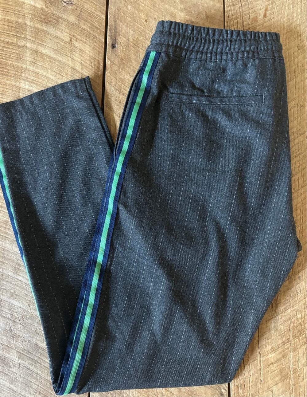 TOPMAN Men’s Gray Pin Stripe Pants Navy Green Ribbon Detail Skinny Fit — W32 L34